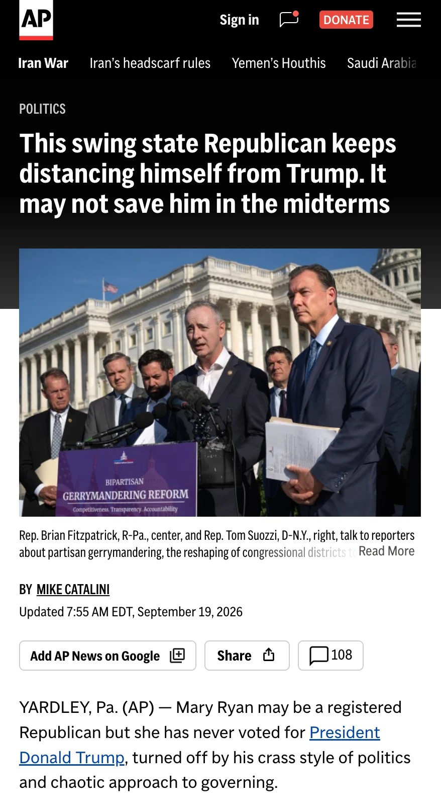 AP says Republican might lose, cites one single Republican switching her vote preview image
