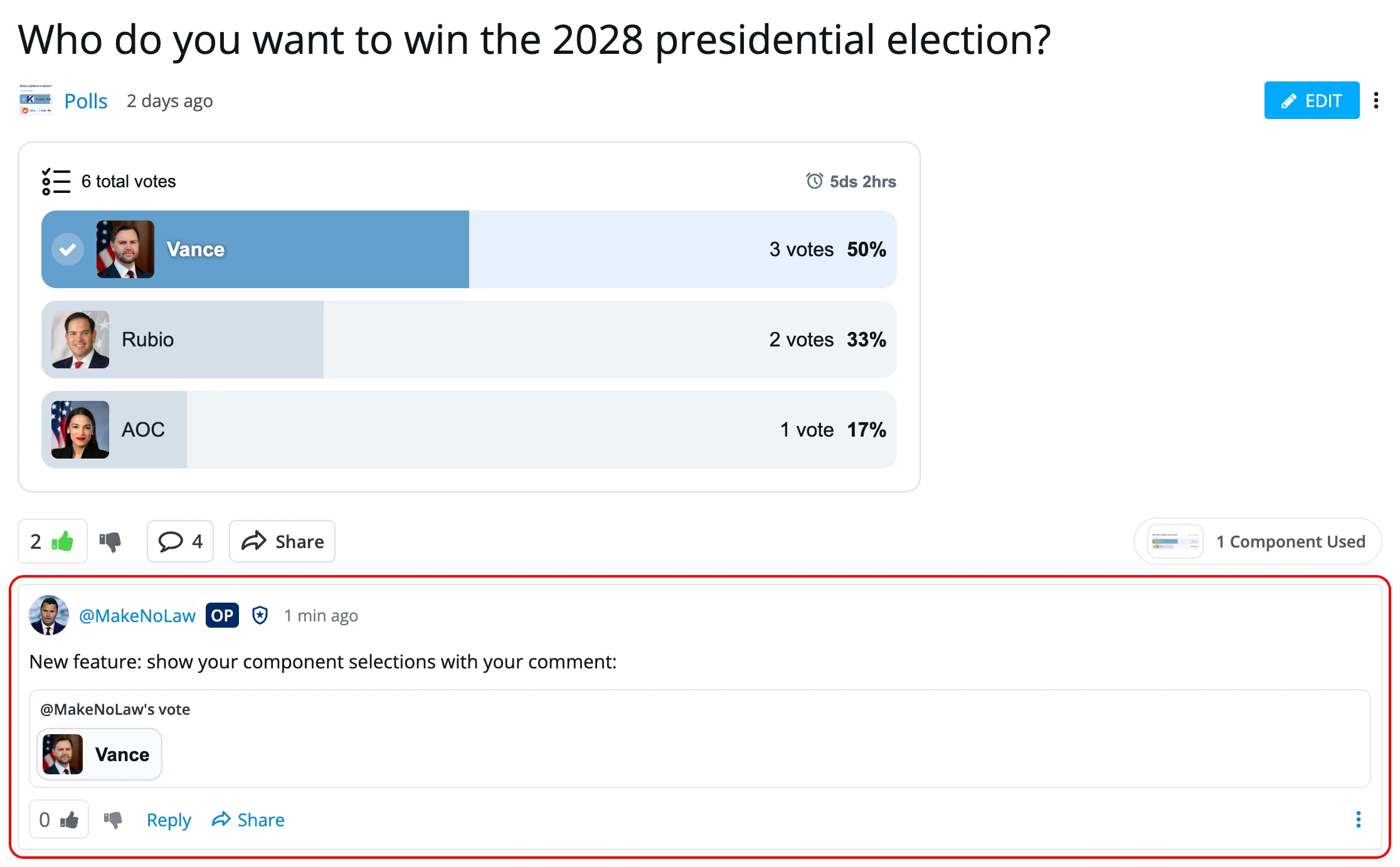 Make No Law Help - New feature: show your component selections with your comment: 
