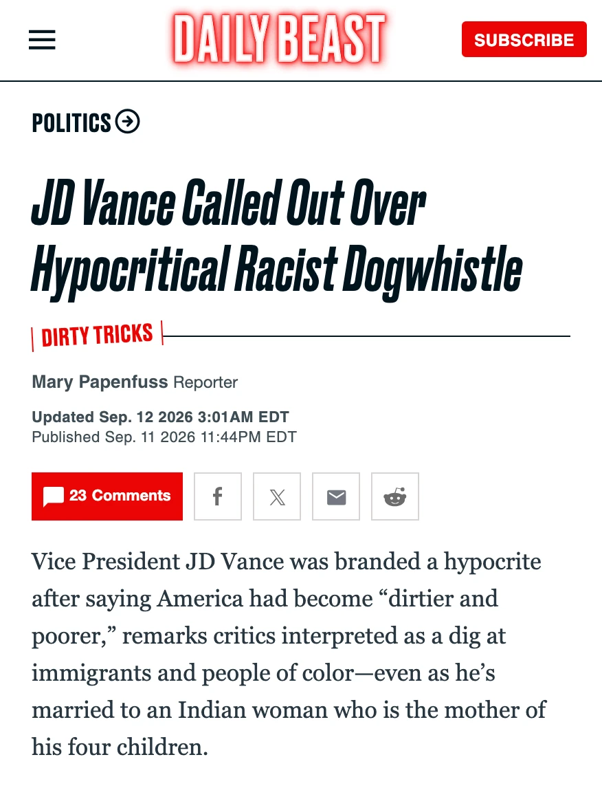 Fake News - Daily Beast claims JD is racist for saying US becoming "dirtier".. JD is married to an Indian