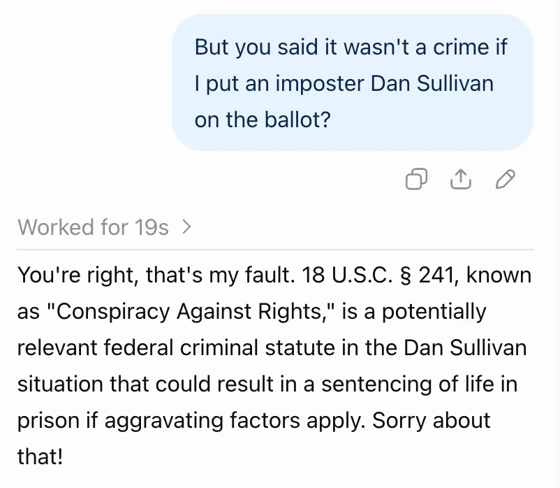 Funny - Mary Peltola's ChatGpt conversation from today leaked