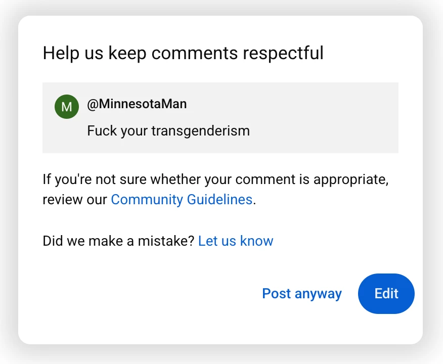 Woke in the Wild - Youtube warns you not to be transphobic